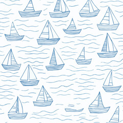 Flat illustration of simple cartoon sailing boats scattered on a white background with consistent light blue zigzag wave lines, ideal for children’s products, marine-themed packaging and playful decor