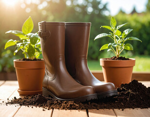 Brown rubber boots stand beside potted plants in rich soil, capturing serene gardening moment. sunlight enhances vibrant greenery, creating peaceful outdoor atmosphere