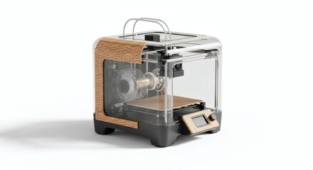 Modern Compact 3D Printer with Transparent Casing and Sustainable Design Elements on a Clean White Background for Home and Small Business Use