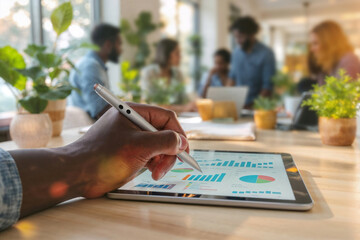 Close up of hand of businessman using stylus pen to analyze statistics charts and graphs on digital tablet screen with blurred coworkers working during meeting in the background