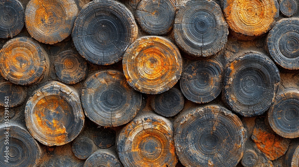 Aufkleber close-up view of stacked tree trunk slices.