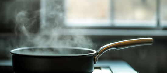 A steaming pan sits on a stovetop, with a window in the background. Cooking, kitchen, steam, food preparation
