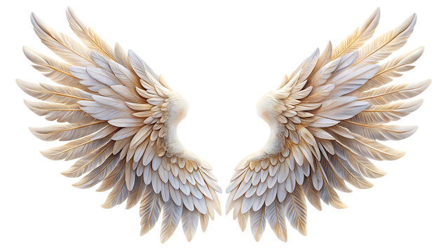 Majestic white and gold feathered angel wings spread symmetrically on a black background isolated on a transparent background - Powered by Adobe