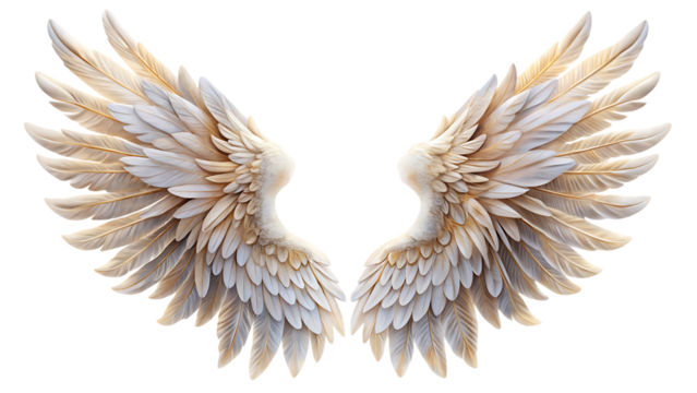 Majestic white and gold feathered angel wings spread symmetrically on a black background isolated on a transparent background