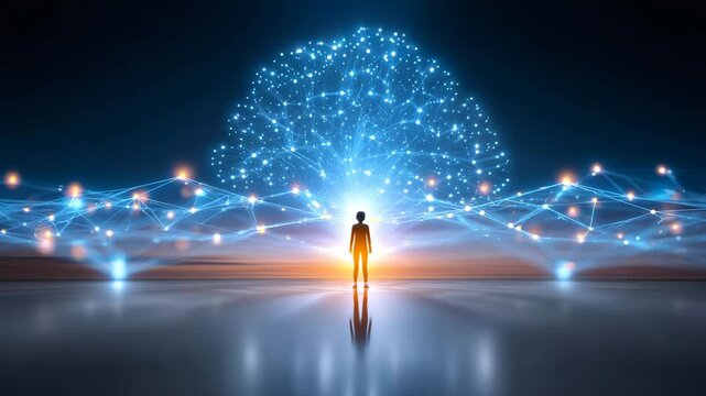 A silhouette of a person standing before a glowing network, representing connections and data exchange in the digital world.