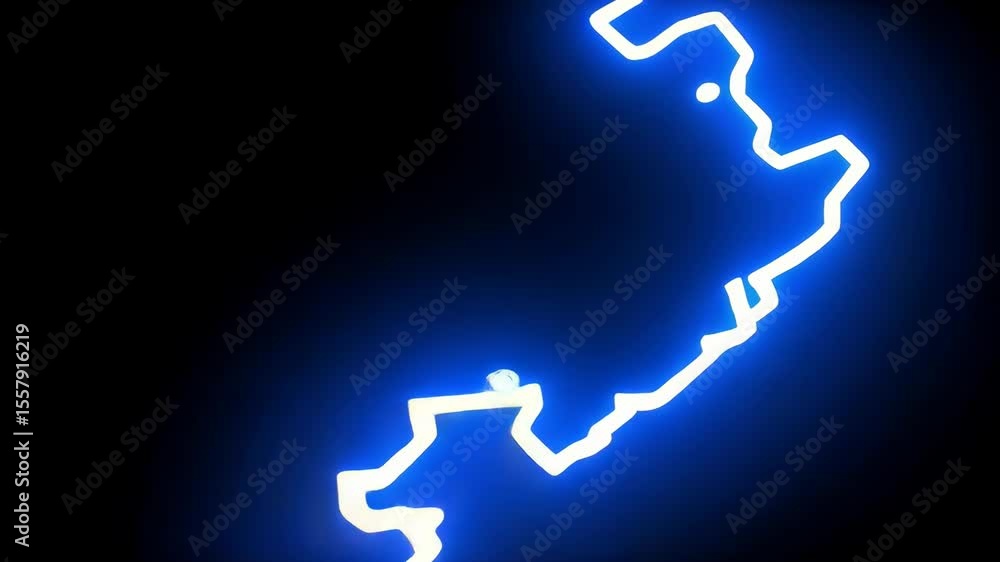 Poster dynamic animation of an abstract shape outlined with vibrant blue neon light against a dark backgrou