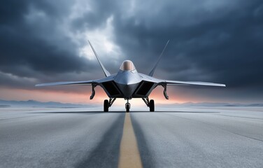 Stealth fighter jet poised for takeoff on dimly lit runway at dusk