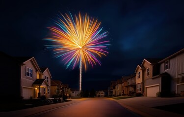 Spectacular fireworks illuminate the night sky above a quiet suburban neighborhood, creating a lively atmosphere of celebration and joy