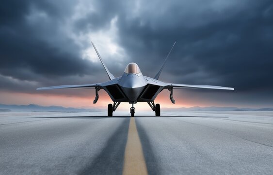 Stealth fighter jet poised for takeoff on dimly lit runway at dusk
