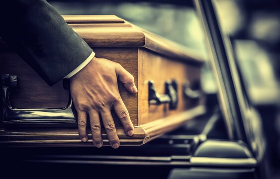 Funeral directors carefully loading a polished coffin into a black hearse with dignity