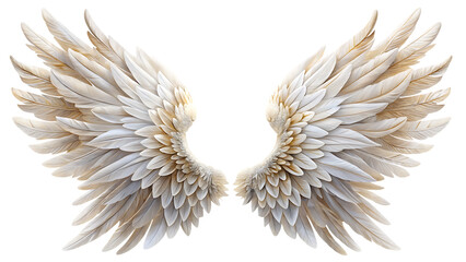 Pair of large white feathered angel wings with golden tips and intricate layering isolated on a transparent background