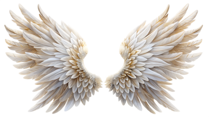 Pair of large white feathered angel wings with golden tips and intricate layering isolated on a transparent background