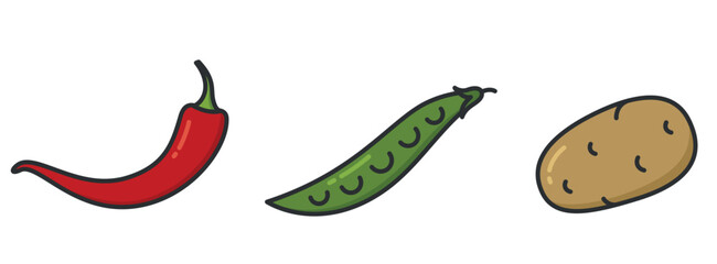 Red hot chili pepper, peas and potato. Vegetable and harvest symbols. Natural organic foods. Isolated vector images
