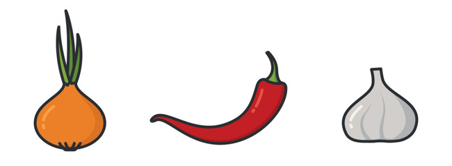 Onion, red hot chili pepper and garlic. Vegetable and harvest symbols. Natural organic foods. Isolated vector images
