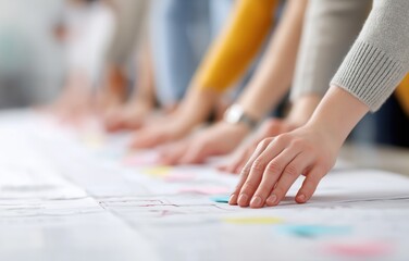 Multicultural business professionals collaboratively developing a research plan in a boardroom with natural lighting