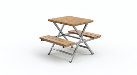 Fototapeta premium Portable Folding Picnic Table with Integrated Wooden Benches and Sturdy Metal Frame, Ideal for Outdoor Camping, Backyard Picnics, and Leisure Activities on a White Background.