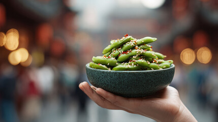 Hand holding edamame bowl, seasoned with sesame seeds chili flakes, against a vibrant, blurred urban background. Food, health, wellness, Asian cuisine concepts.