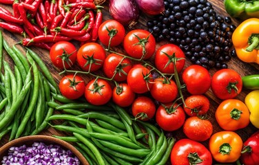 Colorful assortment of fresh vegetables arranged on a wooden surface in natural lighting
