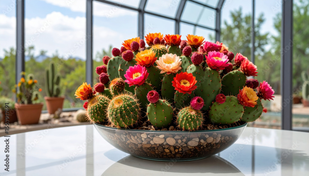 Poster vibrant opuntia cactus arrangement showcases its pads in lush tapestry, adorned with colorful fruit 