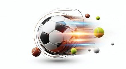High-Speed Motion of Sport Balls Dynamic Abstract Concept Featuring a Soccer Ball, Tennis Ball, and Other Athletic Spheres in a Blurry, Energetic Display of Speed and Competition.