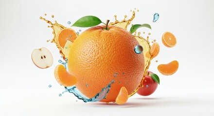 Dynamic Orange and Fruit Medley Bursting with Freshness. Vibrant Citrus and Apple Slices with Refreshing Liquid Splashes, Illustrating Healthy Living and Natural Energy.