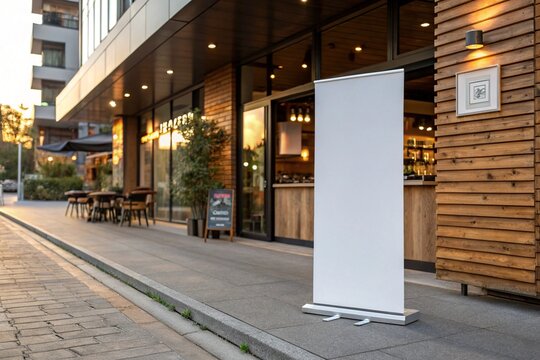 Realistic roll-up banner mockup outside coffee shop with wood facade, warm evening light, soft shadows, perfect for restaurant, store branding, events, and commercial promotion.

