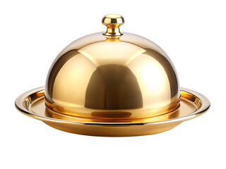 Shiny golden food cloche with domed lid and round tray isolated on a transparent background serving dish