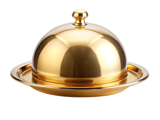 Shiny golden food cloche with domed lid and round tray isolated on a transparent background serving dish