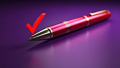 Vibrant pen rests on deep purple background, its tip adorned with triumphant red check mark, symbolizing success and achievement