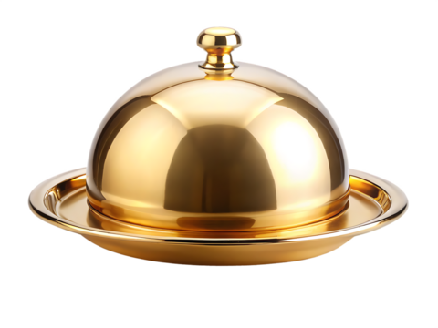 Shiny golden food cloche with domed lid and round tray isolated on a transparent background serving dish