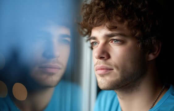 Pensive man gazes through window reflecting city lights in high-rise apartment at night, contemplating future possibilities