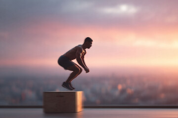 Fototapeta premium Athletic man jumps onto a box, silhouetted against a colorful sunset. Represents strength, fitness, dedication, and overcoming challenges. Ideal for motivation, wellness, and sports concepts.