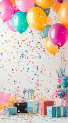 A lively and colorful birthday party scene filled with bright balloons, beautifully wrapped gifts, sparkling streamers, and playful confetti, all set against a crisp white background