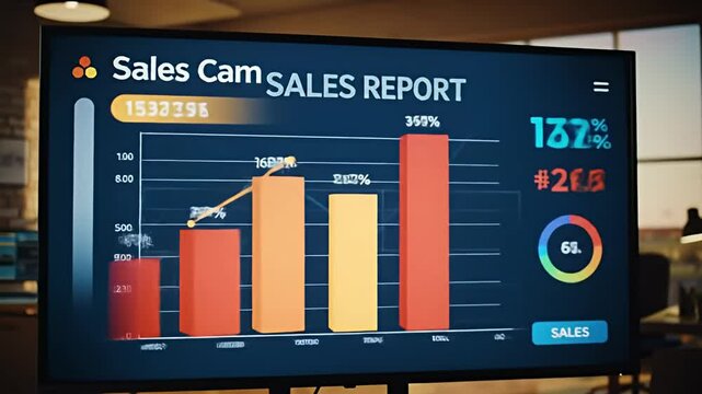 A screen displays a sales report with graphs and data visualizations