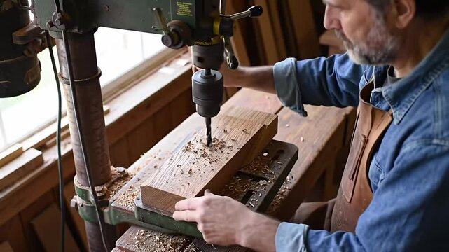 Woodworker uses a drill press on wood block in workshop with sawdust