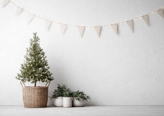 Minimalist Christmas scene small lit tree in woven basket, potted greenery, and fairy lights strung across a white wall