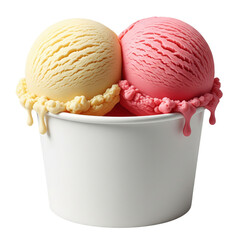 Vanilla and strawberry ice cream scoops in disposable cup isolated on clear transparent background Generative Ai.