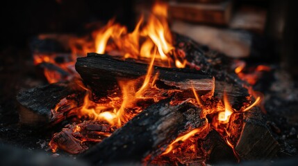 Close-Up Campfire Flames: Warmth and Ember Glow