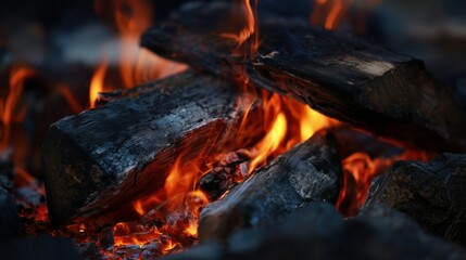 Close-Up Campfire Flames: Warmth and Ember Glow