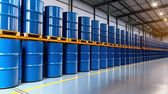 Interior of a warehouse storing rows of blue metal barrels stacked on wooden pallets, illuminated by bright sunlight creating a clean industrial scene