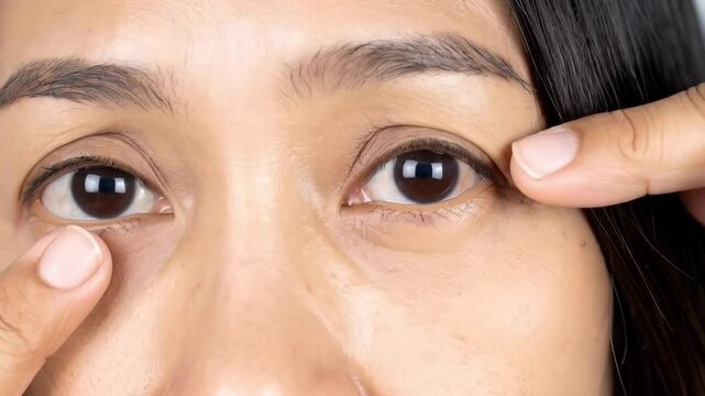 Close-up of woman's face pointing to eye area, showing skin texture and dark circles, under eye bags and wrinkles