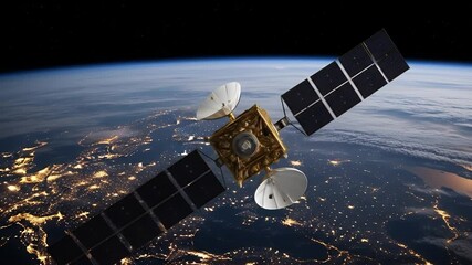 Communication satellite with solar panels orbiting Earth at night, global network technology over illuminated cities - Powered by Adobe