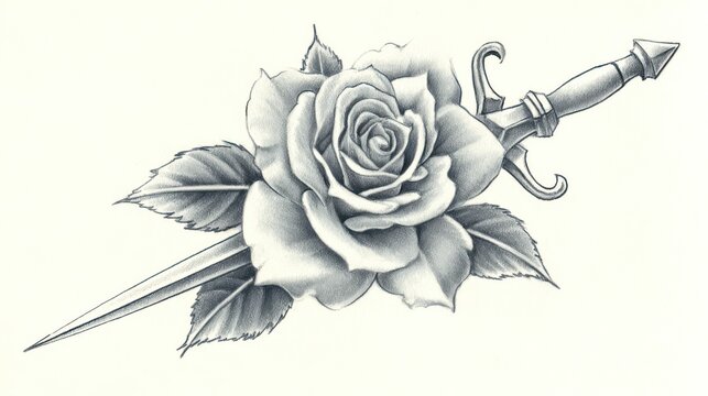 Detailed grayscale rose and dagger