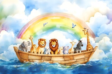 Watercolor painting of noah's ark with lion, giraffe, elephant, zebra, dove, goat and cat, with rainbow behind the boat, clouds and sunlight in the sky, blue water