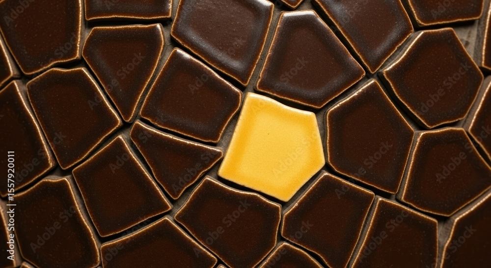 Poster close up view of mosaic pattern with dark brown tiles and one yellow tile displaying contrasting tex