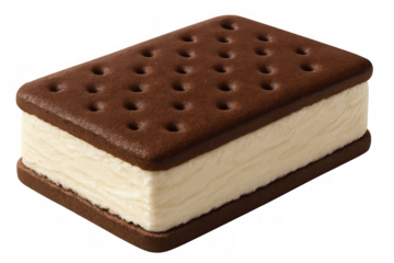 Ice cream sandwich with two chocolate wafers containing a block of vanilla ice cream, isolated on transparent background