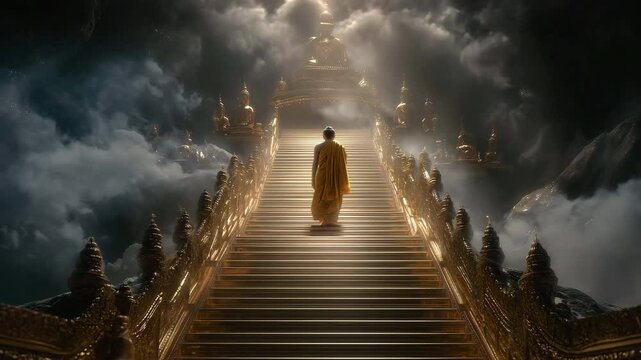 Photorealistic scene of a serene figure descending golden steps amidst ethereal clouds, evoking tranquility and enlightenment, reminiscent of Buddhist teachings.