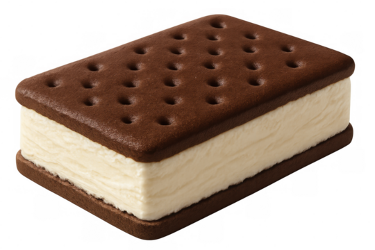 Ice cream sandwich with two chocolate wafers containing a block of vanilla ice cream, isolated on transparent background