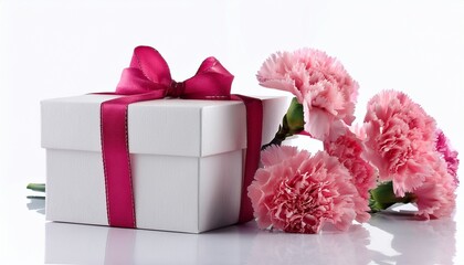 white gift box with pink carnations