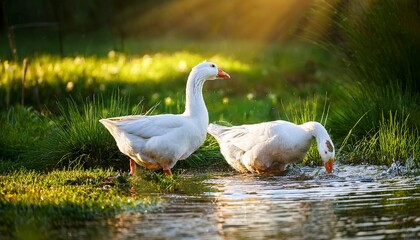 white domestic geese grazing and bathing authentic unedited documentary photograph of white domestic geese engaged in natural behaviors grazing and bathing